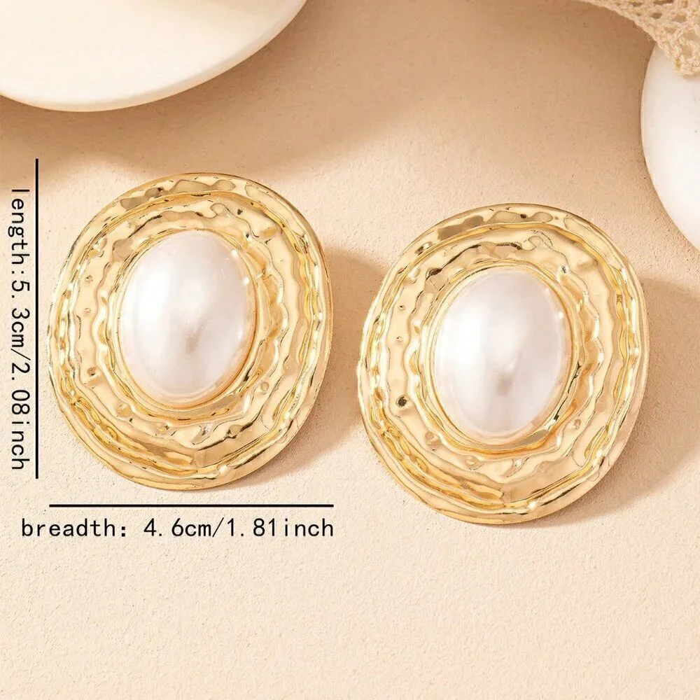 Yellow Gold Women's Geometric Texture Oval Pearl Inlay Pendant Vintage Earrings